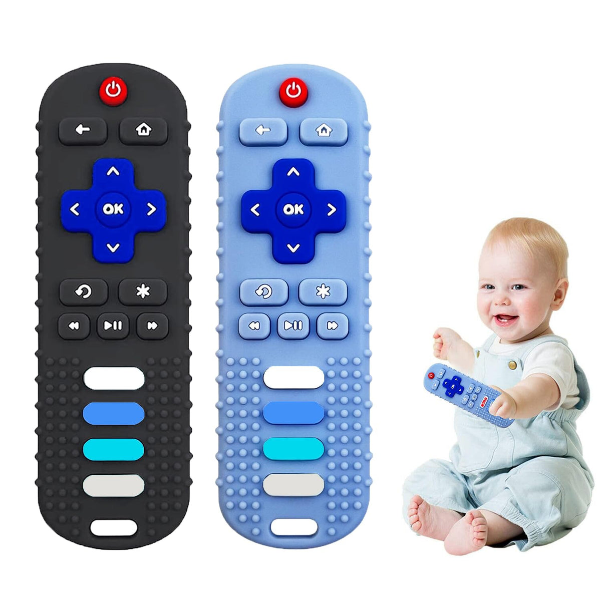 ERSIHUA 2-Pack Baby Teething Toys-TV Remote Control Shape Silicone Infants Teething Toys for Babies 0-18 Months,BPA-Free (N-Black+Black)