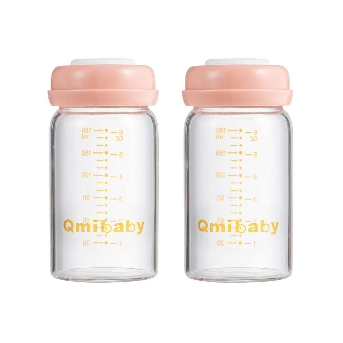 Qmibaby Baby Bottles,Wide Neck BPA Free Breast Milk Container 8oz Screw Ring Sealing Disk Re-markable Sealing Disc Fits Breast Pumps & Nipples Fits Breast Pumps & Nipples(2 Gray Lids+2 Pink Lids)