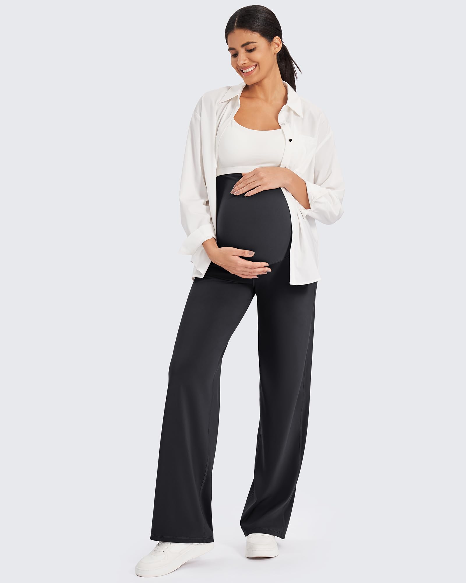 G4Free Maternity Pants with Pockets Pregnancy Leggings,Black,S,Regular