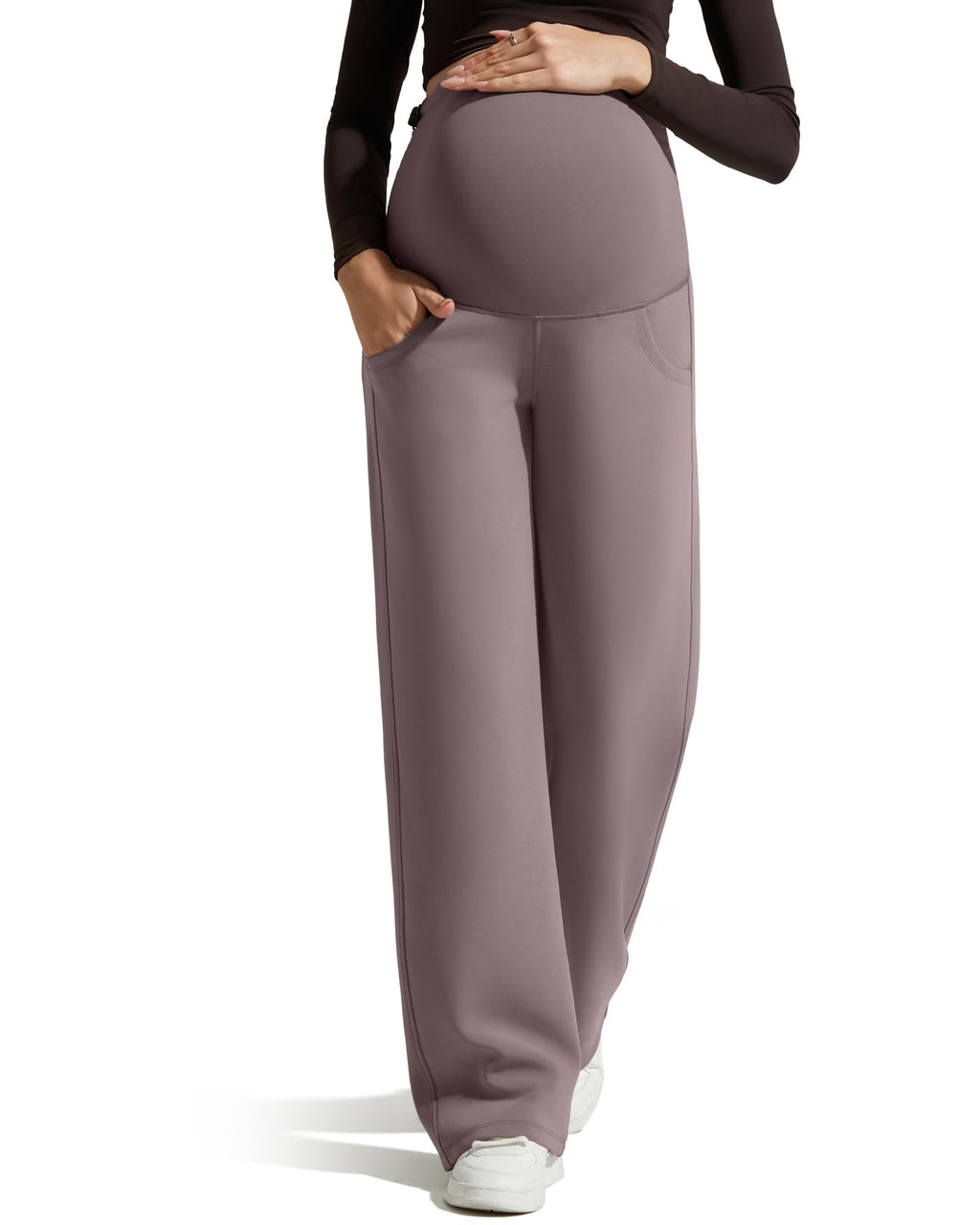 G4Free Maternity Pants Yoga Wide Leg Over The Belly Adjustable Waist Trousers Comfy Pregnancy Sweatpants with Pockets(Taupe,M,Petite)