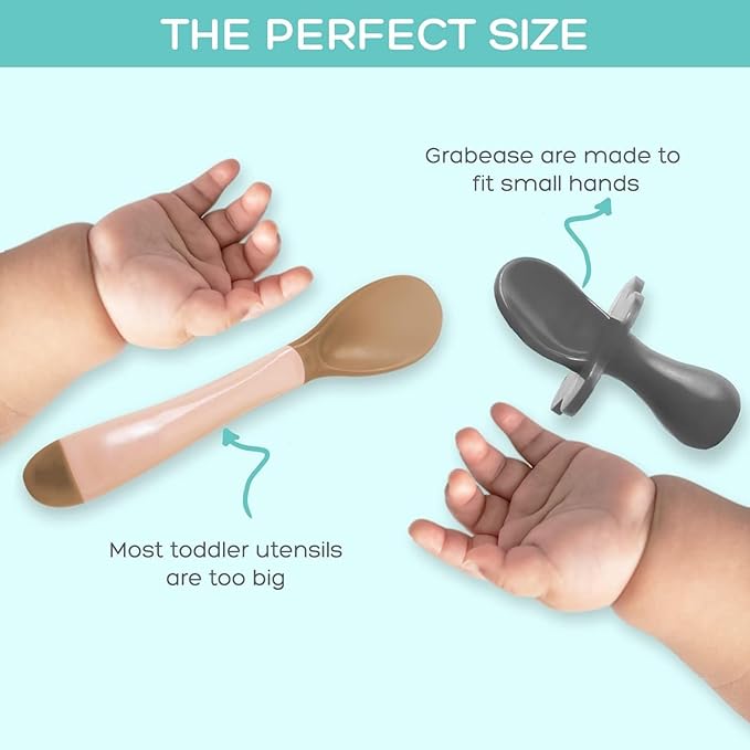 Grabease Silicone Baby Feeding Utensil Set - Self-Feeding Forks For Baby - Forks & Spoon, Ages 6-12 Months - Dishwasher-Safe Infant Spoon & Utensil - Teal & Gray, Pack of 2