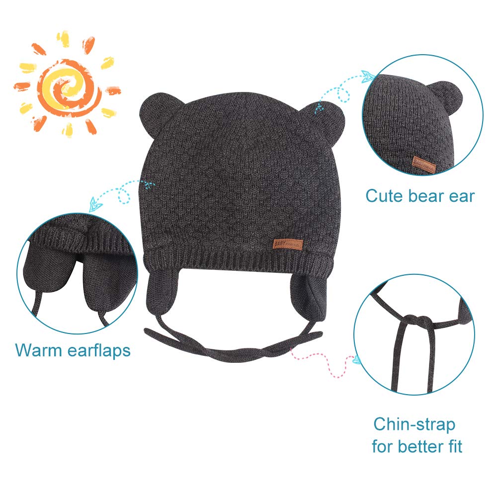 BAVST Baby Toddler Winter Beanie Warm Boys Girls Earflap Hat Infant Knit Caps Cute Bear Soft Cotton Lining for 0-36M(Grey-Dark,S)