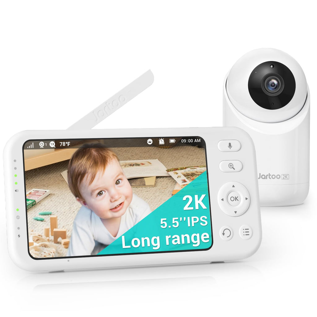 Jartoo 2K Video Baby Monitor with Camera and Audio, 1860ft Long Range Baby Monitor No WiFi 5.5" FHD Screen ANC Baby Camera Wireless, Feeding Clock, Night Vision, 2-Way Talk, AI Cry Detect, 6000mAh
