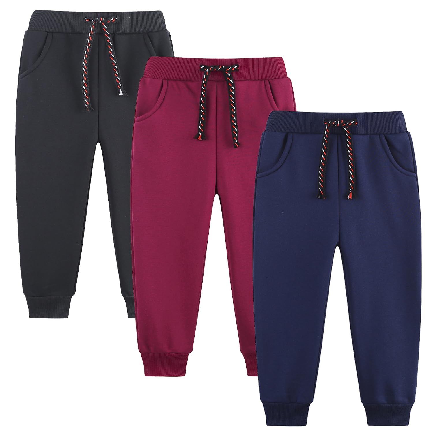 Funnymore Baby Boys Girls Fleece Joggers Sweatpants,3 Pack Fall Winter Pull On Jogger Pants Black/Navy/Burgundy 2t