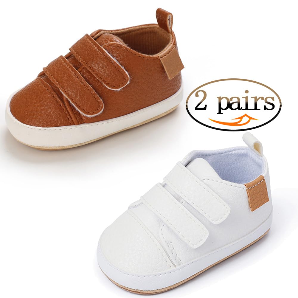 eitwo 2Pairs Baby Shoes,Boys Girls Non-Slip Rubber Sole Sneakers,Unisex Infant Soft Lightweight First Walking Crib Shoes (2Pairs_White+Brown,3-6 Months)