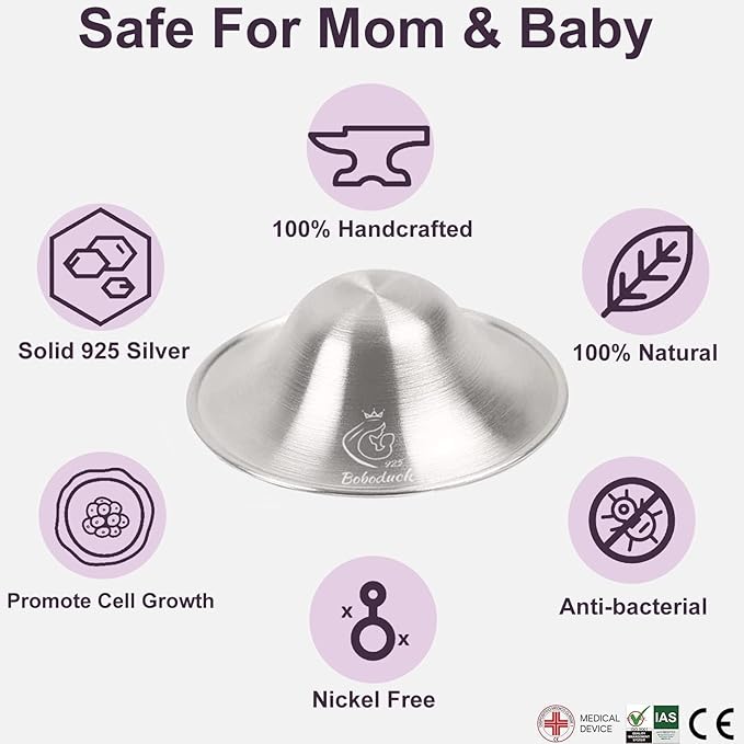 Boboduck The Original Silver Nursing Cups - Nipple Shields for Nursing Newborn, Newborn Breastfeeding Essentials Must Haves for Soothe and Protect Your Nursing Nipples - 925 Silver (X-L Size)