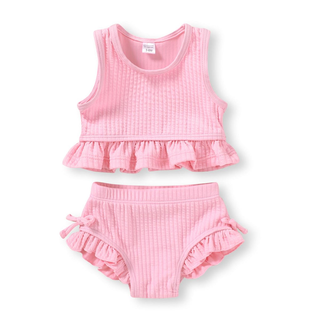 HAPPYMA Baby Swimsuit Toddler Girl Bathing Suit Summer Solid Color Bikini Set Beach Two Piece Swim Wear (Pink, 2-3T)