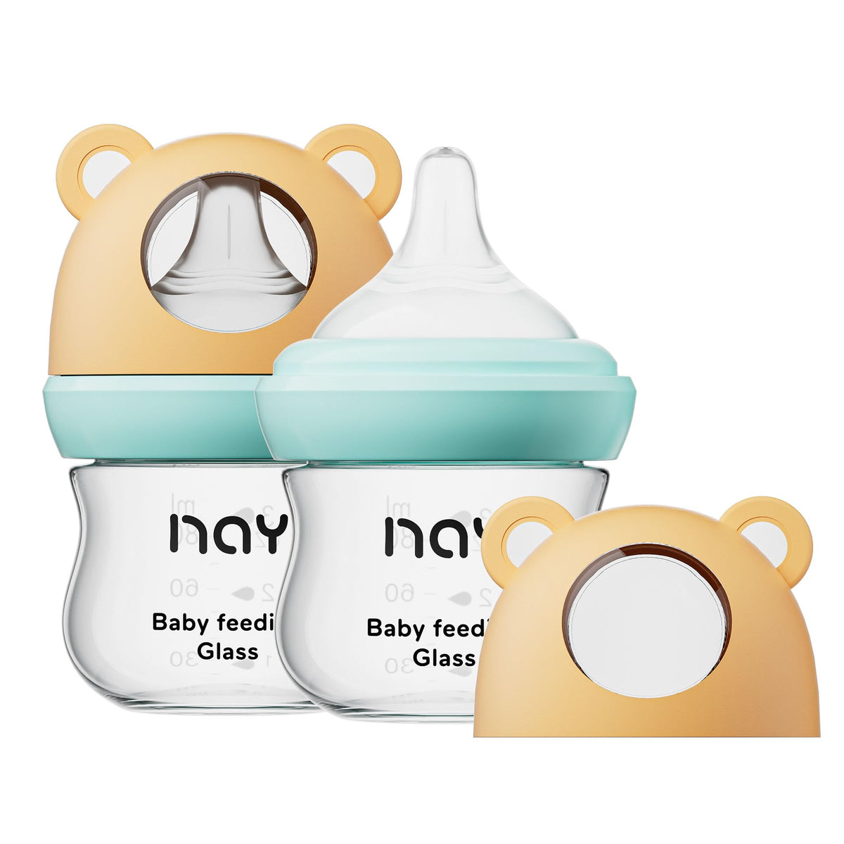 yanyoyo Natural Glass Baby Bottle for Breastfeeding Babies, 3oz Newborn Anti-Colic Baby Bottle with Slow Flow Nipples (SS), Clear, Wide Neck, 2 Pack, 0 Months+