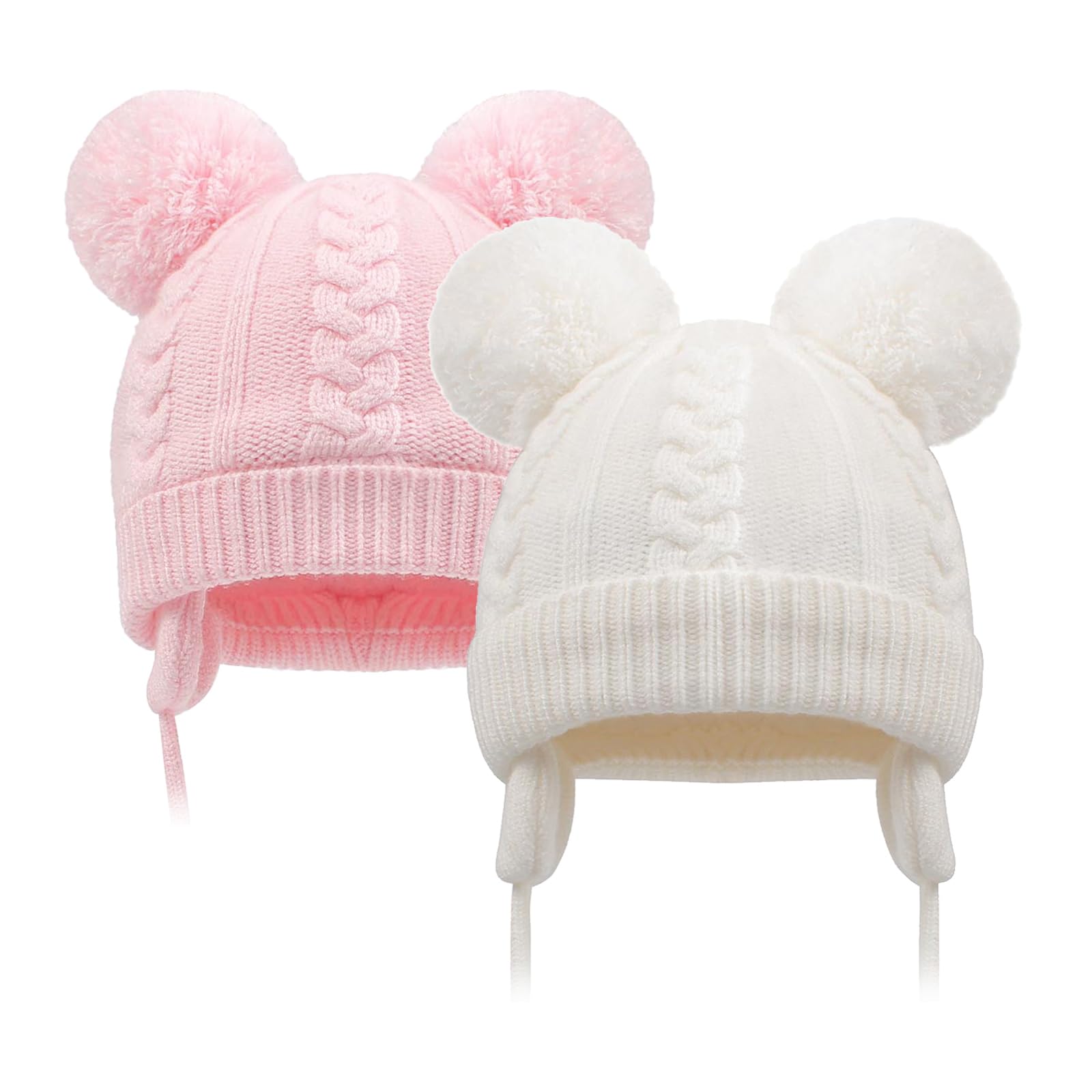 Duoyeree Toddler Winter Hat, Earflap Double Pom Pom Knit Beanie 0-36M