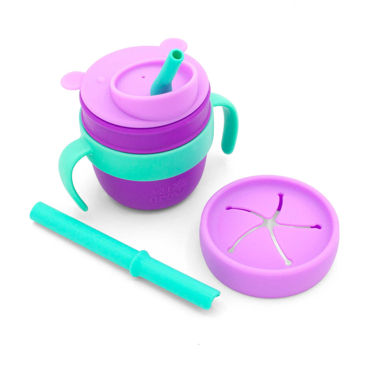 321 Grow Easy Learn Drink and Snack Set – Baby + Toddler Silicone Learning Cup & Snack Set, Training Cup for Straw and Open Cup Independence – Dishwasher Safe (Plum)