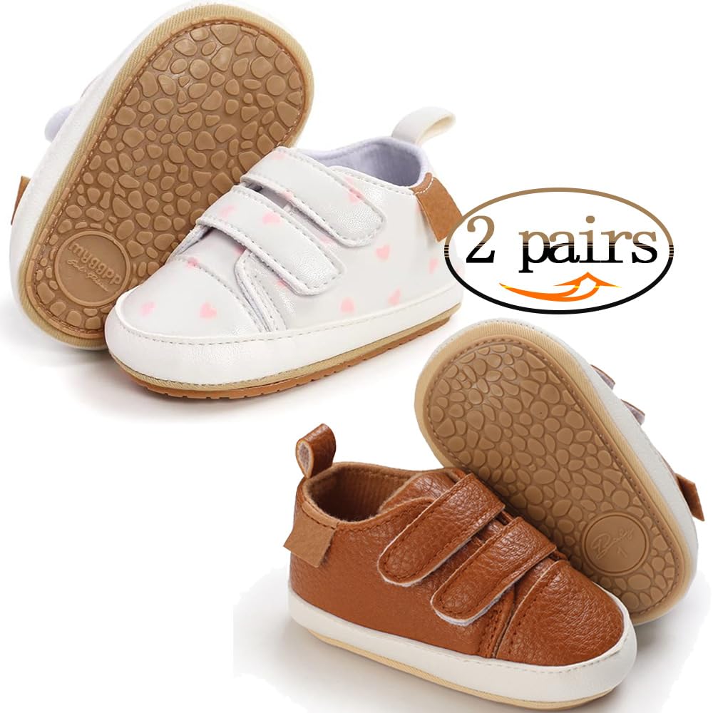 eitwo 2Pairs Baby Shoes,Boys Girls Non-Slip Rubber Sole Sneakers,Unisex Infant Soft First Walking Shoes(2Pairs_Brown+WhiteHeart,6-12 Months)