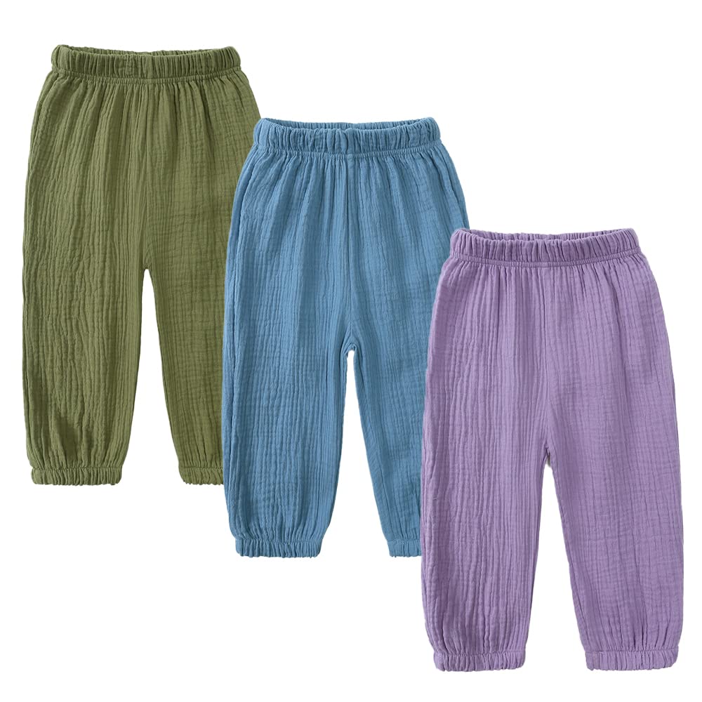 MYGBCPJS Baby Boys Girls 3 Pack Cotton Linen Long Bloomers Ankle Length Trousers Kids Lightweight Elastic Waist Harem Pants