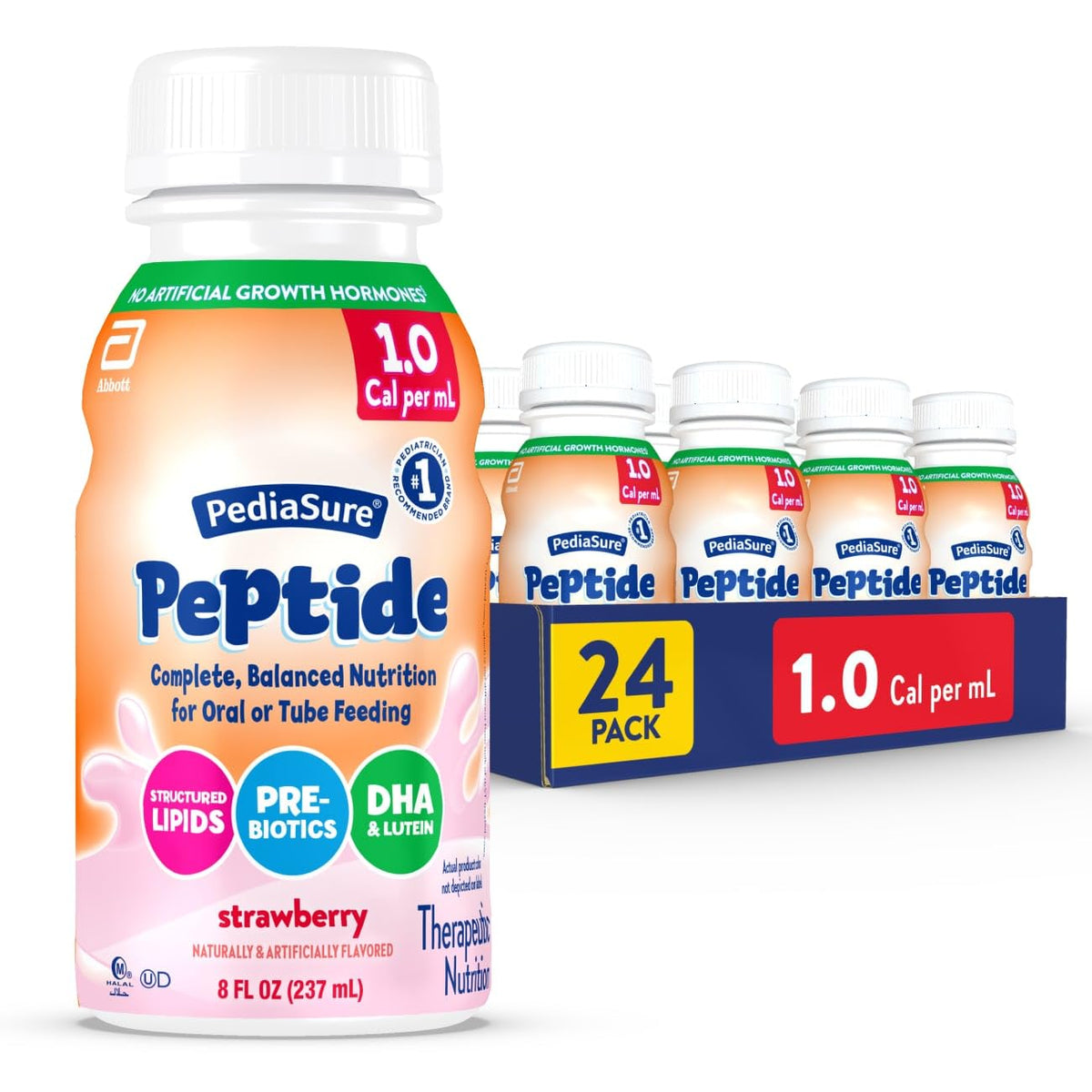 PediaSure Peptide 1.0 Cal,24 Count,Complete,Balanced Nutrition for Kids with GI Conditions,Peptide-Based Formula,with 7g Protein and Prebiotics,for Oral or Tube Feeding,Chocolate,8-fl-oz Bottle