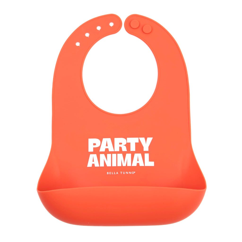 Baby Bib for Eating by Bella Tunno, Waterproof Silicone Bib with Large Food Catcher, Adjustable Fit for Babies 4-12 months & Toddlers 1-3 Years, Boys & Girls, Party Animal
