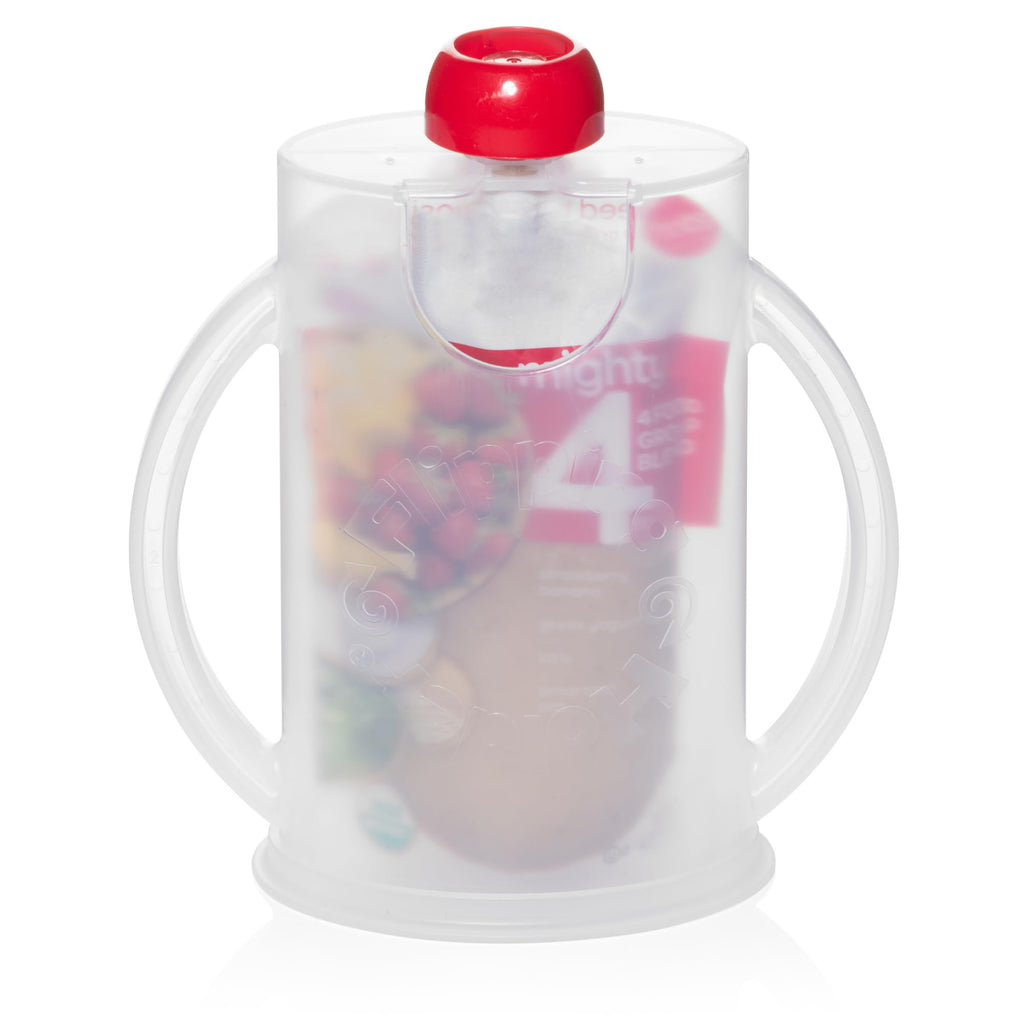 Original Squeeze Proof Flipping Holder with Open Bottom for Food Pouches & Juice Boxes - Multipurpose - Prevent Messes & Support Self-Feeding - Easy Grasping Handles - Made in USA