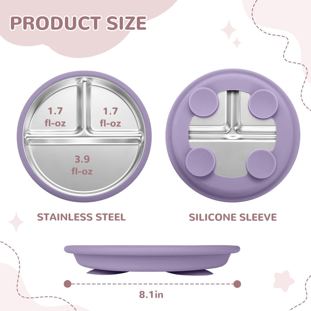 SPMKTQK 3 Pack Stainless Steel Kids Plates, Suction Divided, Baby Feeding