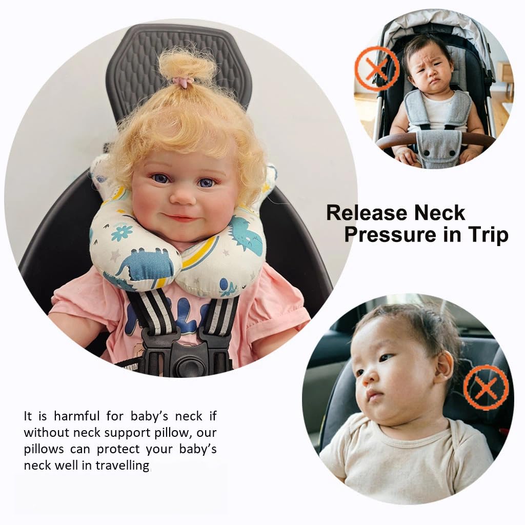 Wedfull Baby Neck Pillows, Comfortable Baby Travel Head Neck Support Pillow for Car Seat Stroller Pushchair, Soft PP Cotton Travel Pillow for 0-2 Years Old Toddler Infant Newborn, Dinosaur