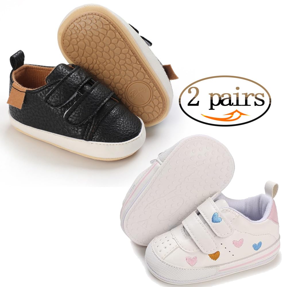 eitwo 2Pairs Baby Shoes,Boys Girls Non-Slip Rubber Sole Sneakers,Unisex Infant Soft Lightweight First Walking Crib Shoes (2Pairs_Heart+Black,3-6 Months)