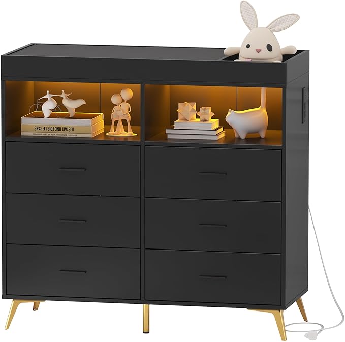 GarveeHome Dresser for Bedroom with 6 Drawers, Baby Changing Table Dresser with Changing Pad, LED Lights & Charging Station, Baby Changing Station with Changing Table Top (Black)