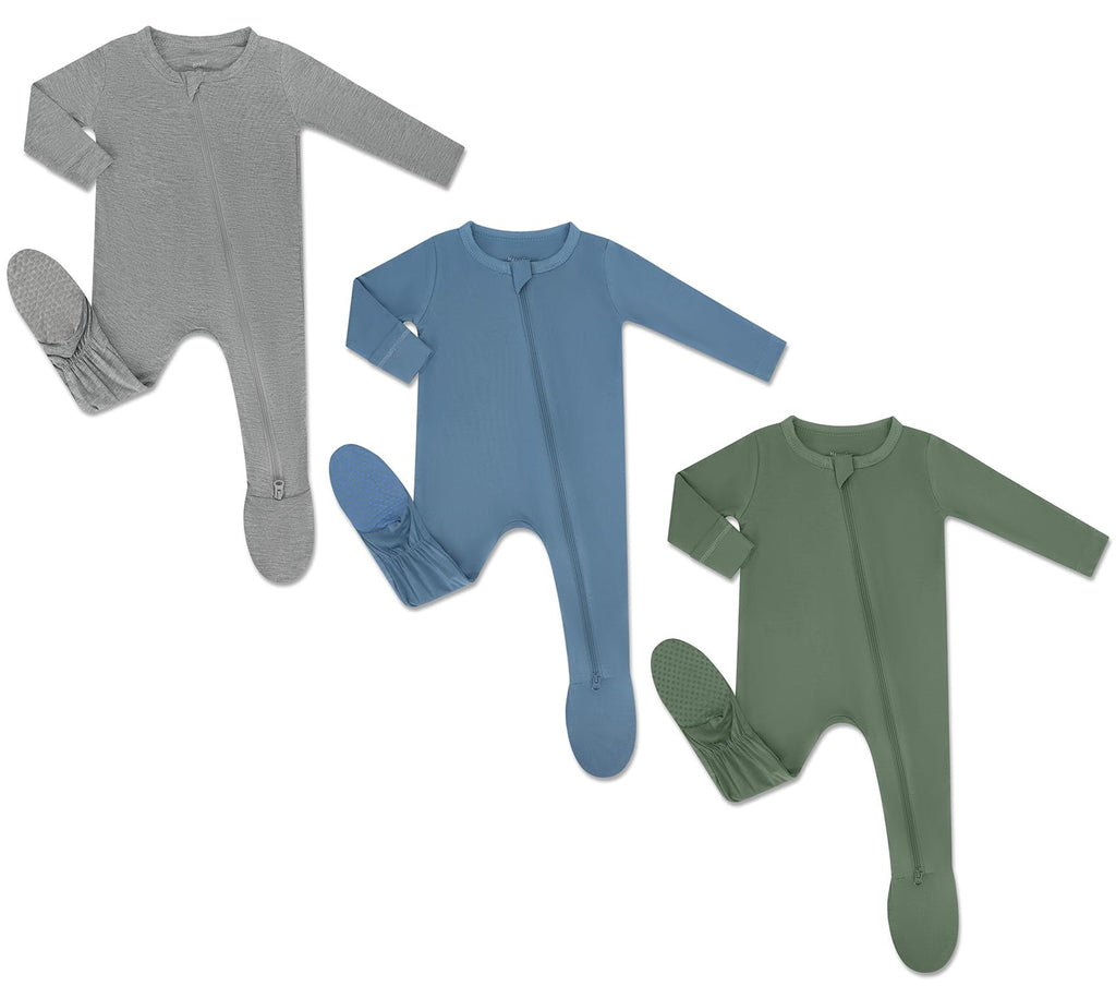 HAPIU Rayon from Bamboo Baby Footed Pajamas, 2 Way Premium Zipper, Footie for Baby Boy Girls, Newborn-24 Months, 3-Pack, Light Heather Grey&Moonlight Blue&Dark Forest Green, 0-3 Months