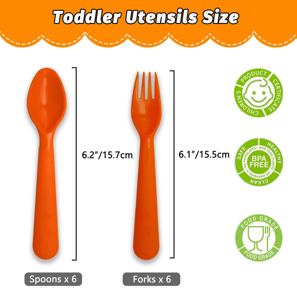 Muulaii 12 Pcs Kids Forks and Spoons, Plastic Kids Utensils Set, Orange