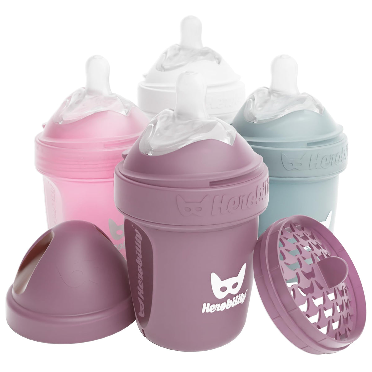 Herobility Anti-Colic Baby Bottles 8.5 fl oz/240ml - Pack of 4 Plastic Baby Bottles, Slow Flow Plastic Bottles, Breast-Shaped Teat for Breastfed Babies, – Multicolor - White, Gray, Iron Blue, Blue