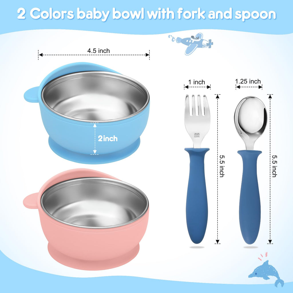 Wesketch 2 Pack Stainless Steel Baby Bowls with Removable Non-Slip Silicone Suction Shell, Anti Scald Food Container for Baby Food Feeding, Forks + Spoons Included-Blue & Pink