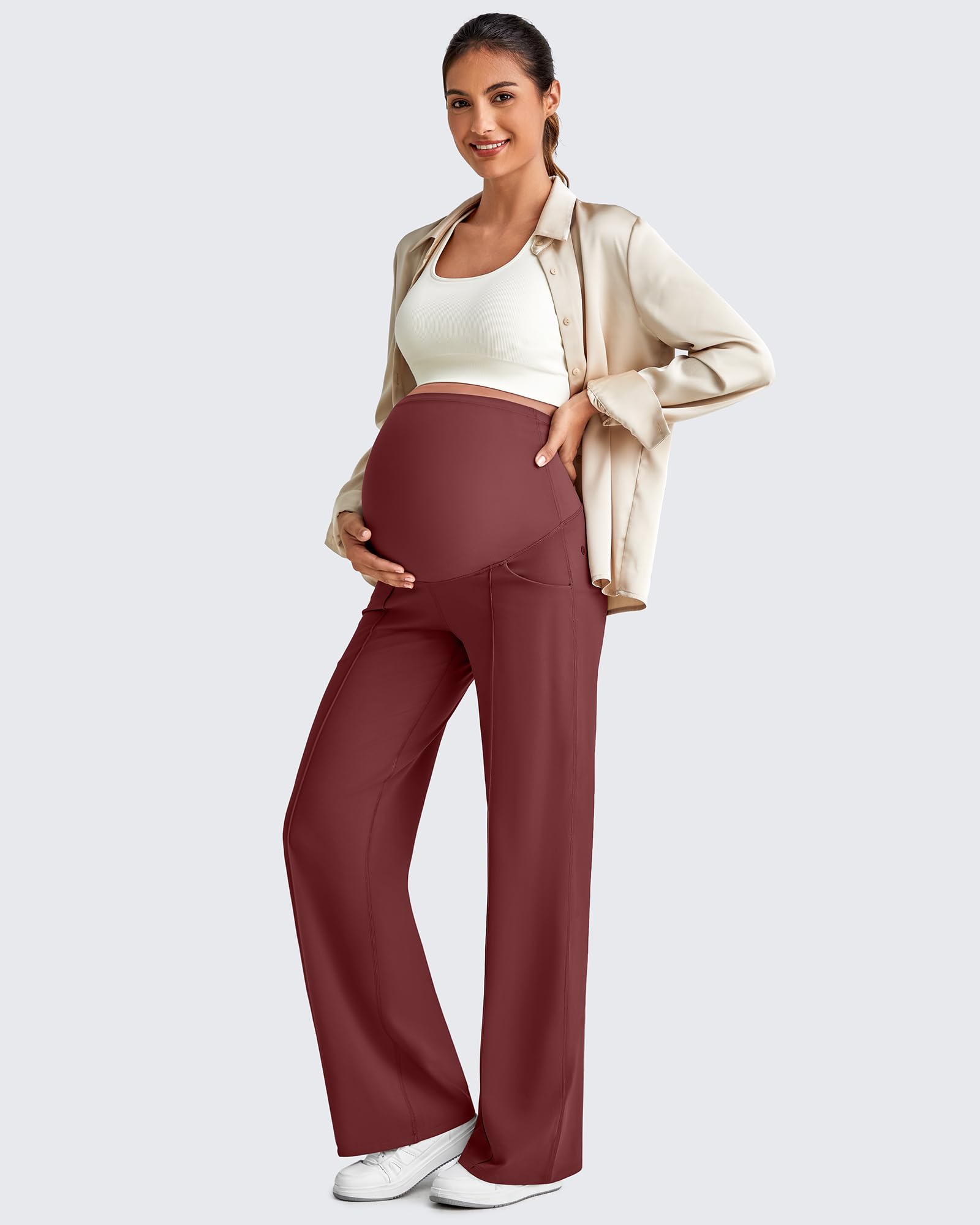 G4Free Maternity Pants Work Over the Belly with Pockets,Wine,XXL,Regular
