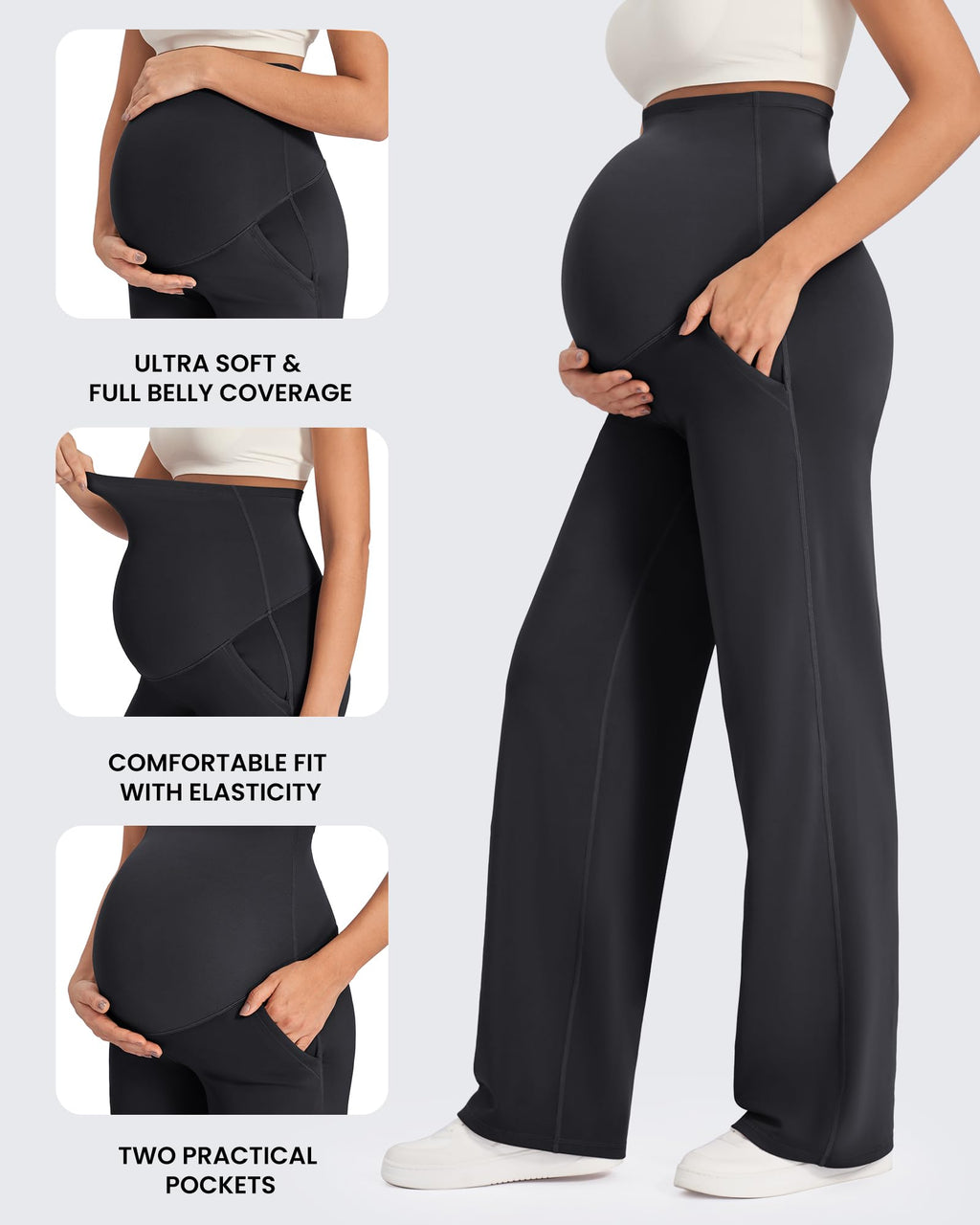 G4Free Maternity Pants with Pockets Pregnancy Leggings,Black,S,Regular