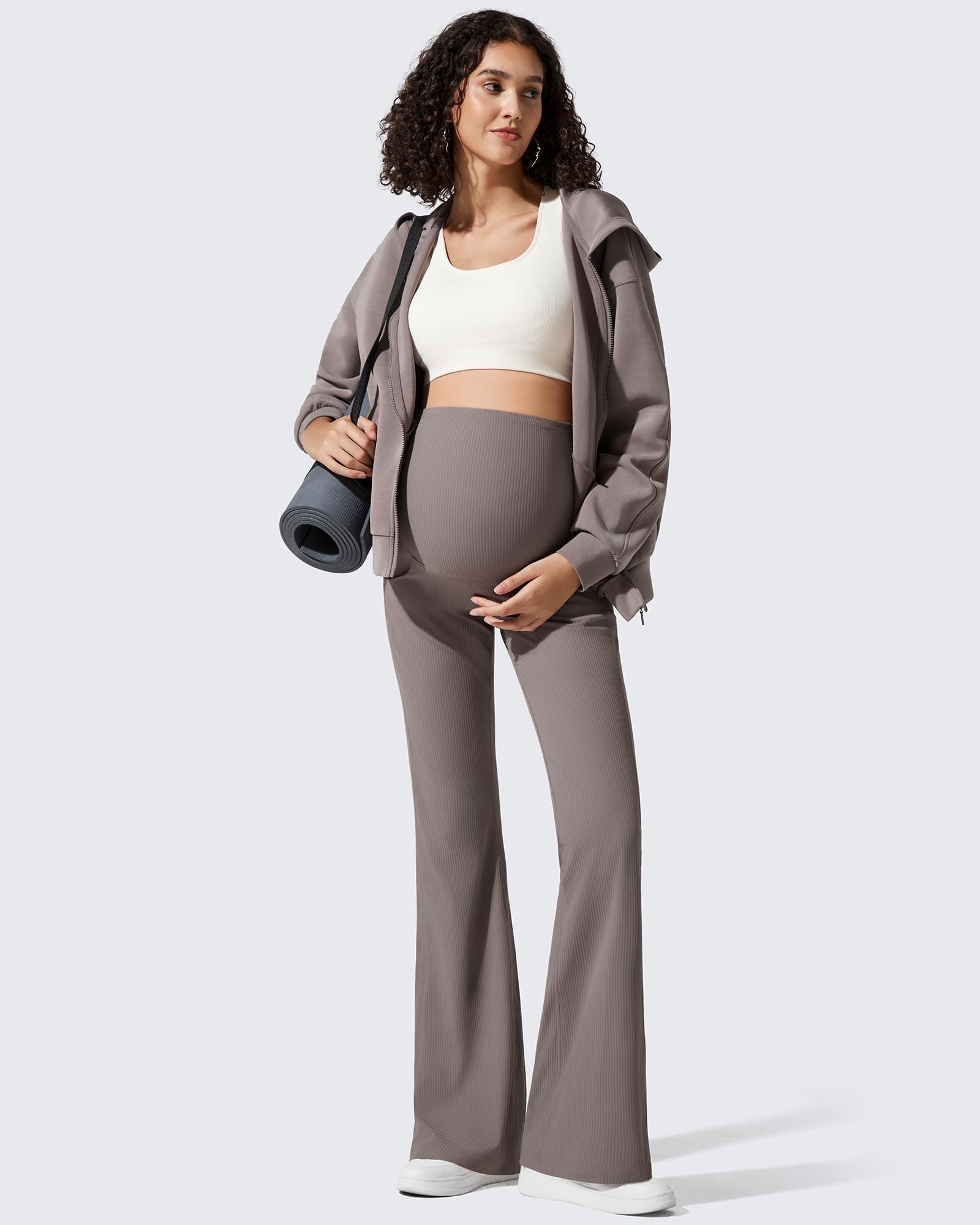 G4Free Maternity Leggings with Pockets Over The Belly Casual Yoga Trousers Comfy Over Bump Stretch Pregnancy Pants(Taupe,L,Petite)