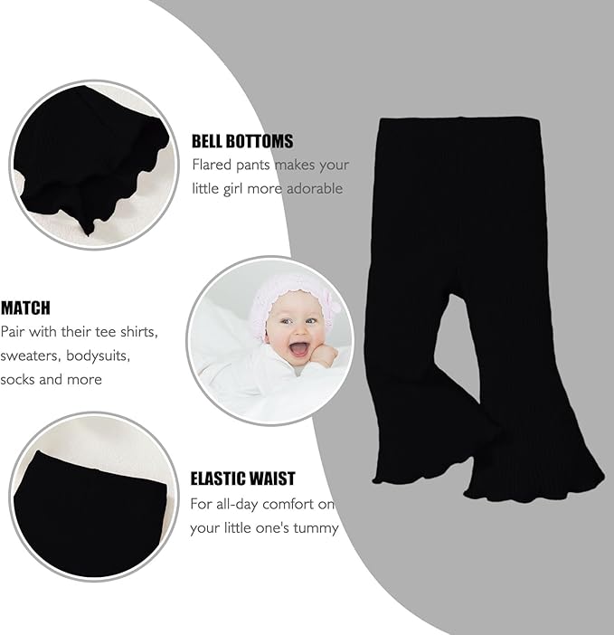 SOBOWO Toddler Baby Girl Flare Pants 3 Pack Solid Ribbed Ruffle Bell Bottoms Pants Fall Outfits(Black/Caramel/Gray, 2-3T)