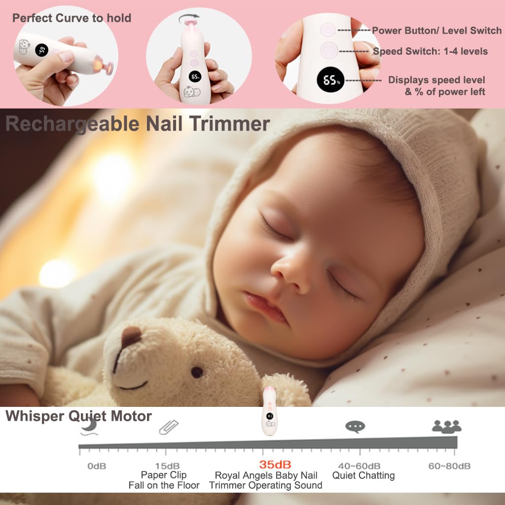 Royal Angels Rechargeable 22 in 1 Baby Nail Trimmer with LCD Display, Labeled Case, 13 Extra Pads, 4 Speed Settings, Safe Quiet LED Light Electric Baby Nail File Kit for Newborns Toddlers (WhitePink)