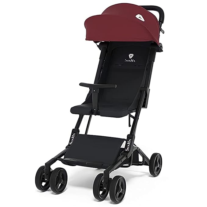 Lightweight Foldable Travel Stroller - Baby Toddler Stroller with Swivel Wheels, Sun Canopy & Reclining Backrest - Red