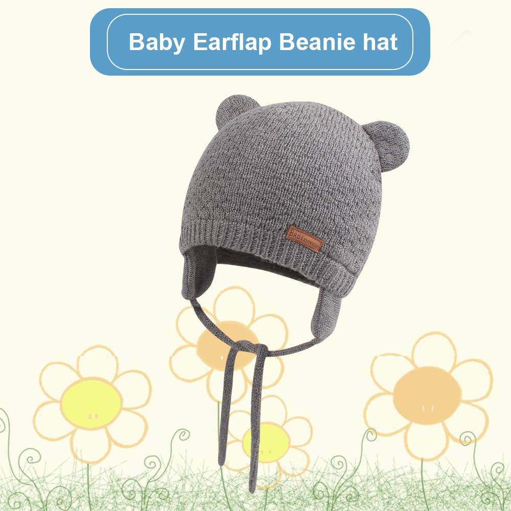BAVST Baby Beanie Hat for Winter with Earfalp Cute Bear Kids Toddler Girls Boys Warm Knit Cap 0-2Years(Bear Ear- Light Grey,S)