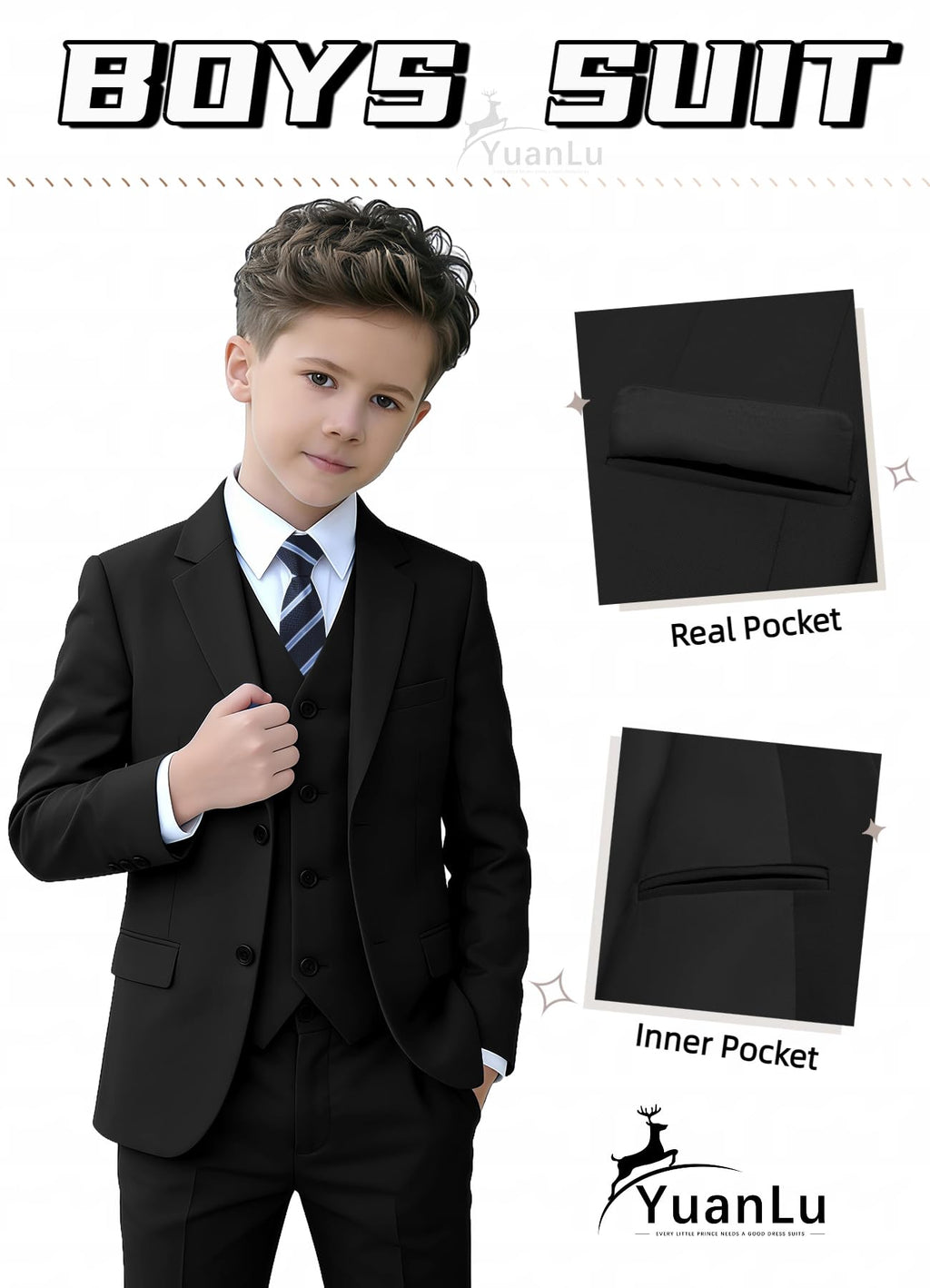 YuanLu Toddler Tuxedo Kids Black Slim Fit Outfit Boys Formal Suit Size 3T