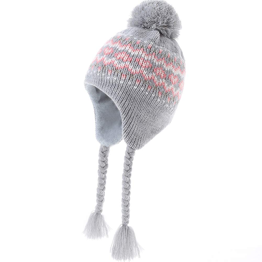 Moon Kitty Girls Winter Knit Hat with Ear Flaps 3-10 Years Soft Stretchy Beanie with Pom Pom Warm Toddler Hat for Cold Weather, Hypoallergenic Cute Blue