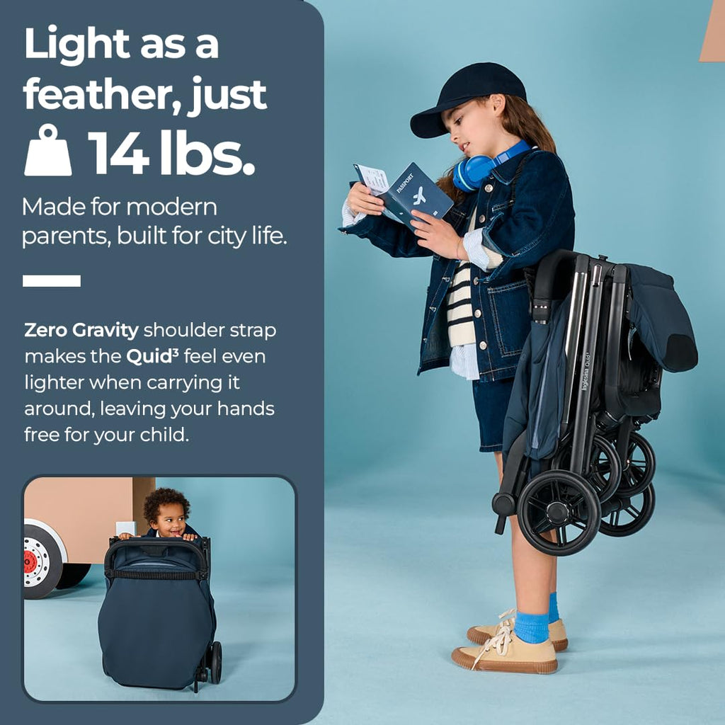 Inglesina Quid³ Stroller, Astral Blue - Compact Reclining Travel Stroller for Baby & Toddler 0-55 lbs, One Hand fold, Airplane Overhead, Lightweight, Foldable, XL UPF 50+ Canopy