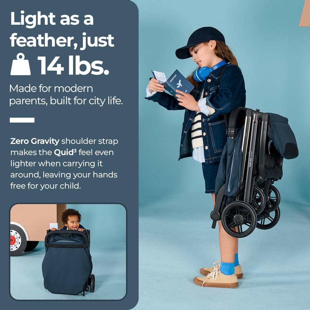 Inglesina Quid³ Stroller, Astral Blue - Compact Reclining Travel Stroller for Baby & Toddler 0-55 lbs, One Hand fold, Airplane Overhead, Lightweight, Foldable, XL UPF 50+ Canopy