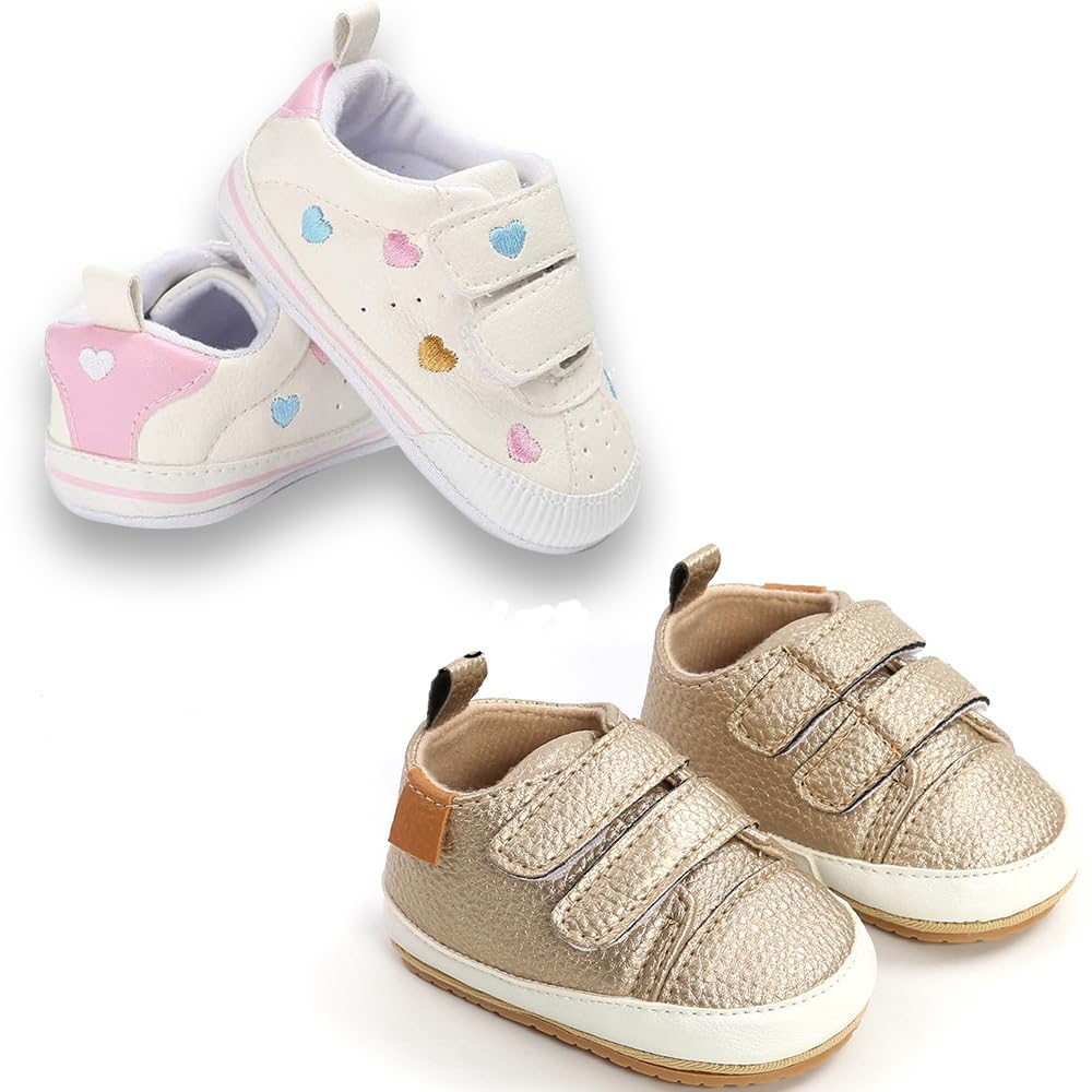 eitwo 2Pairs Baby Shoes,Boys Girls Non-Slip Rubber Sole Sneakers,Unisex Infant Soft Lightweight First Walking Crib Shoes (2Pairs_Heart+Gold,3-6 Months)