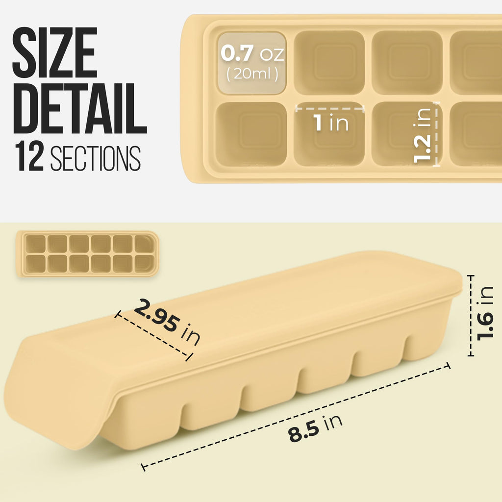 Firgi 0.7 oz/12 Sections Silicone Ice Cube Freezer Tray with Lid, 100% Food-Grade Platinum Silicone,Leak Resistance & Dishwasher Safe for Baby Food Prep,Breast Milk,Purees - Korean Made, Beige