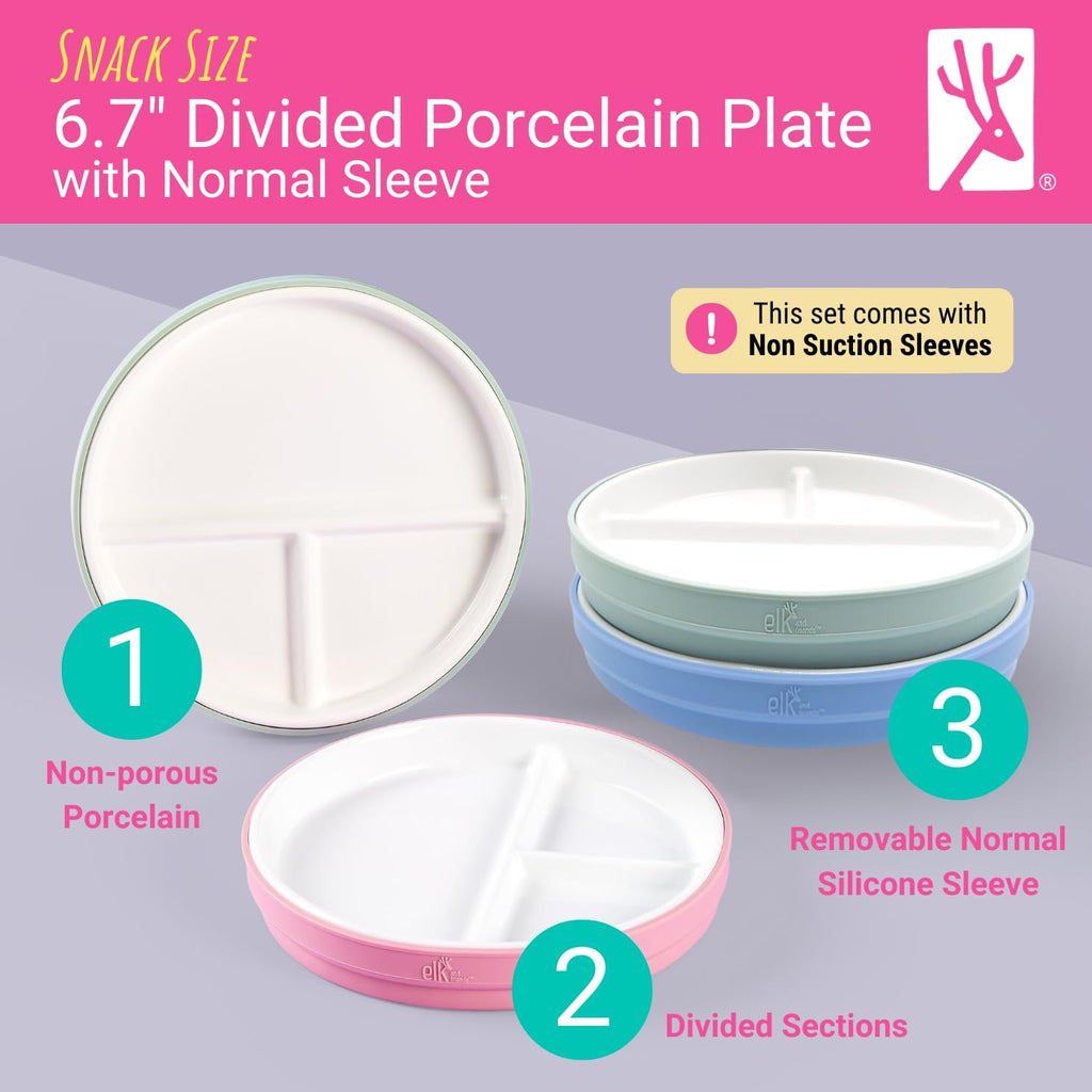 Elk and Friends Kids 6.7” Porcelain Divided Plates with Silicone Sleeves | Suitable for Babies/Kids/Toddlers | Microwave & Dishwasher Safe | Non Slip | Snack Dishes