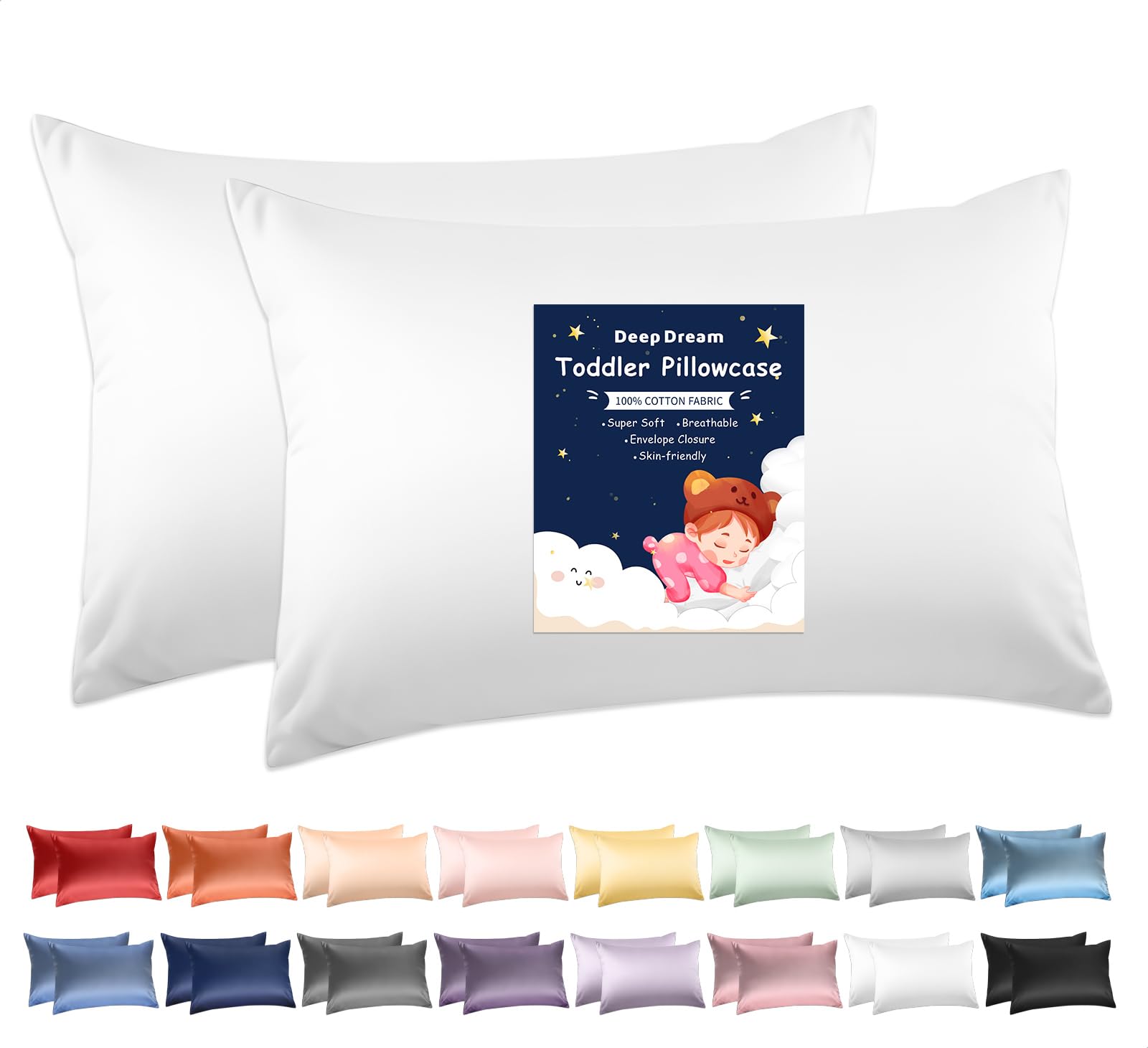 Deep Dream 100% Cotton Toddler Pillowcases Set of 2, 13x18 Inches Fits Baby Pillow Sized 12x16, 13x18, 600 Thread Count Cotton Small Travel Kids Pillow Case Covers with Envelope Closure, White