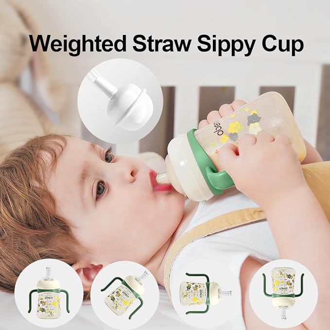 PPSU No Spill Sippy cups,Weighted Straw Toddler Water Bottle with Handle,Spill Proof Toddler Cup with Leakproof Spout for Baby 6-12 Months and Toddlers 1-3 (8 Ounce, Green, 3 Pack)