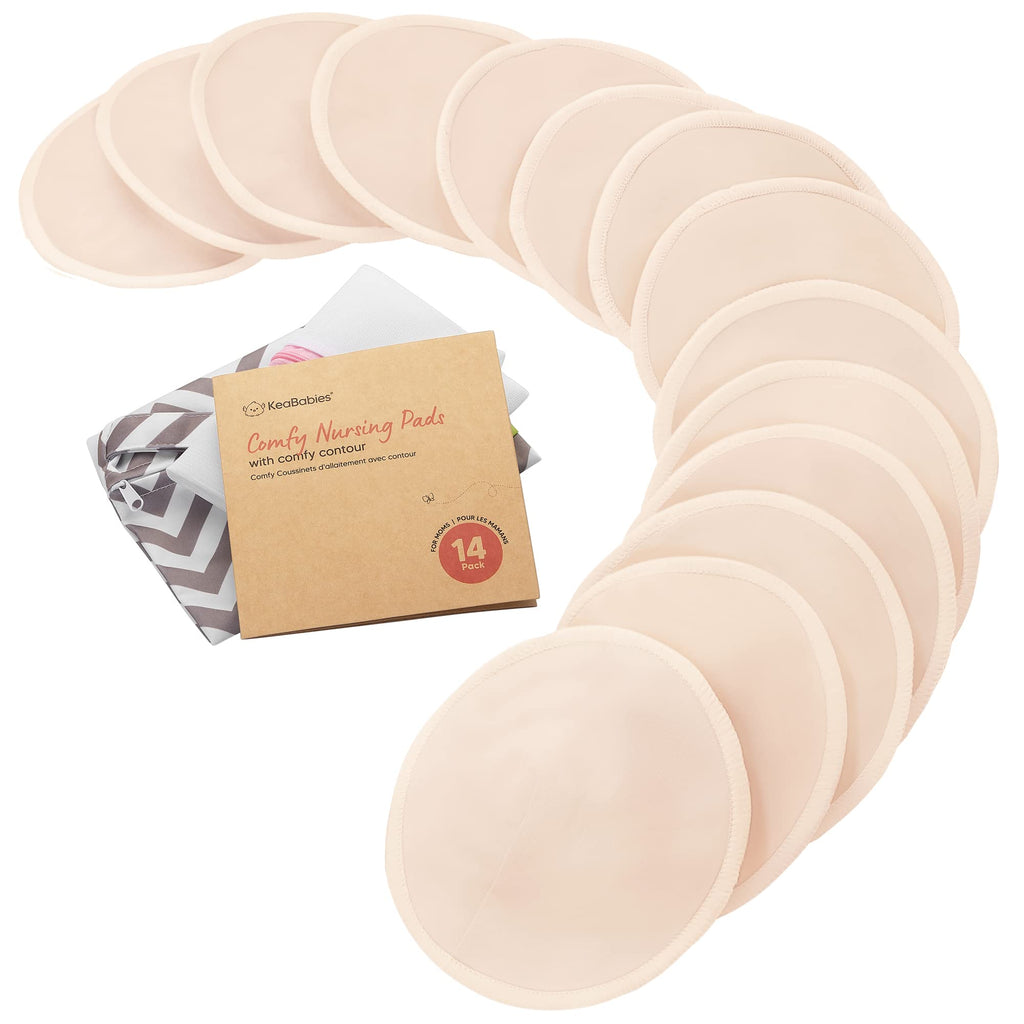 Organic Nursing Pads, 14 Washable Breast Pads,Wash Bag (Bare Beige, L 5")
