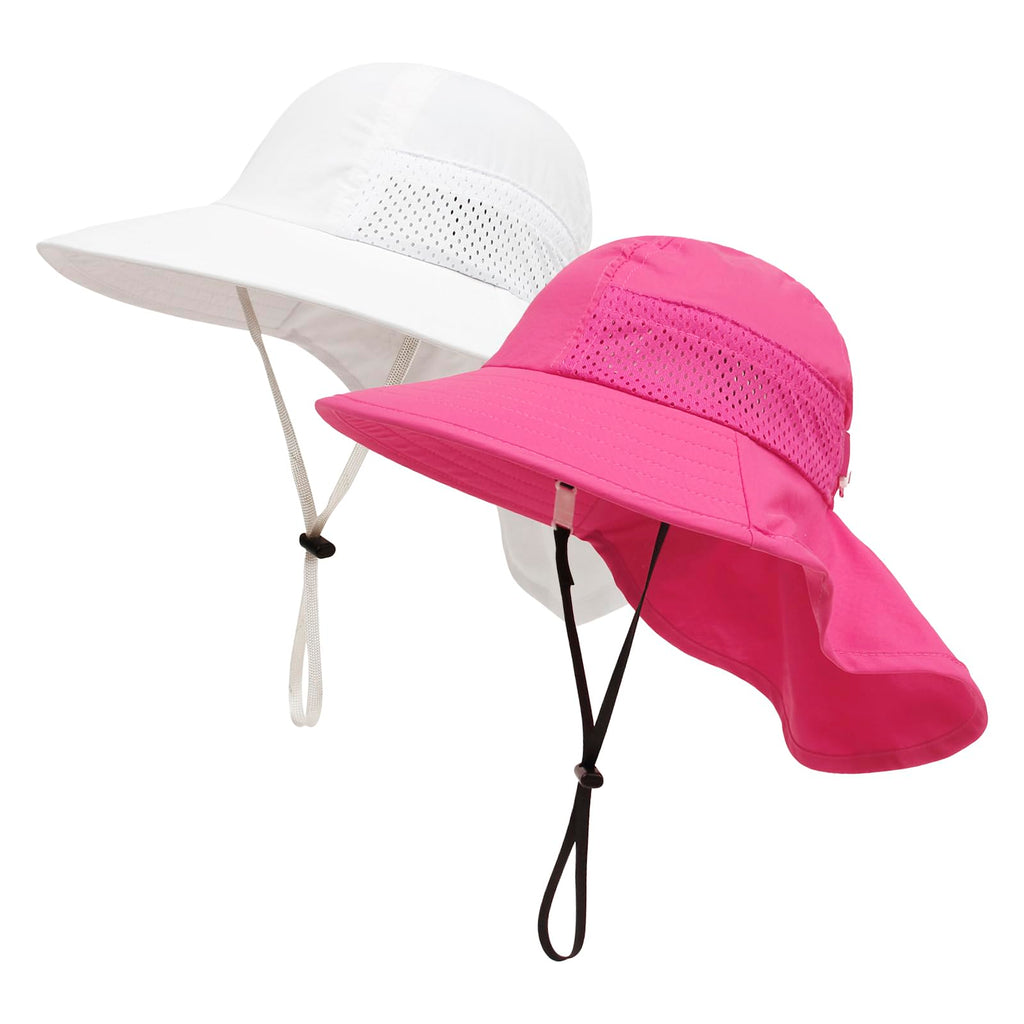 XIAOHAWANG Girls Sun Hat Baby Beach Hats Toddler Boys UPF 50+ Kids Summer Protection Cap Wide Brim Neck Flap(6-12Months,2 Pack(White+Rose))