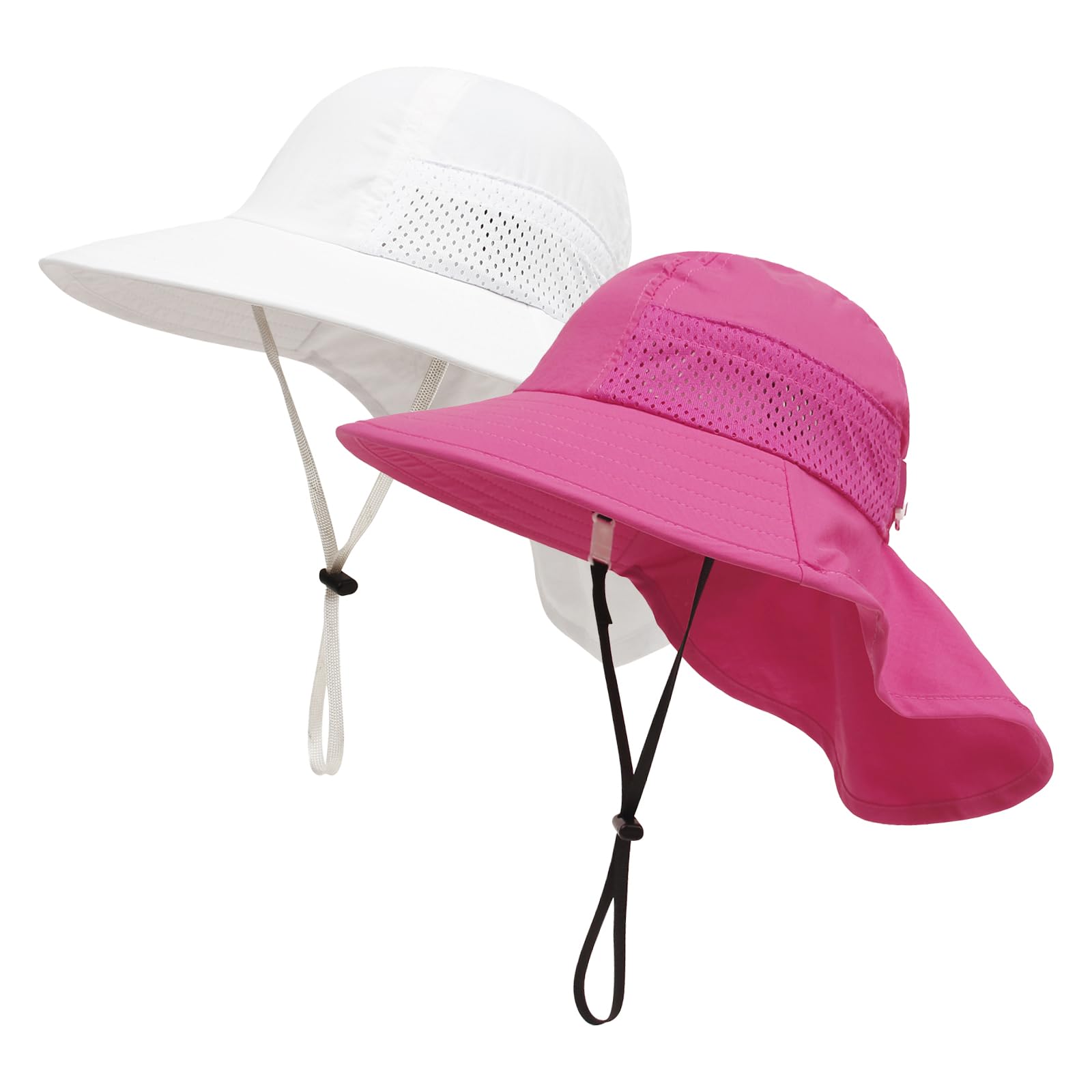 XIAOHAWANG Girls Sun Hat Baby Beach Hats Toddler Boys UPF 50+ Kids Summer Protection Cap Wide Brim Neck Flap(6-12Months,2 Pack(White+Rose))