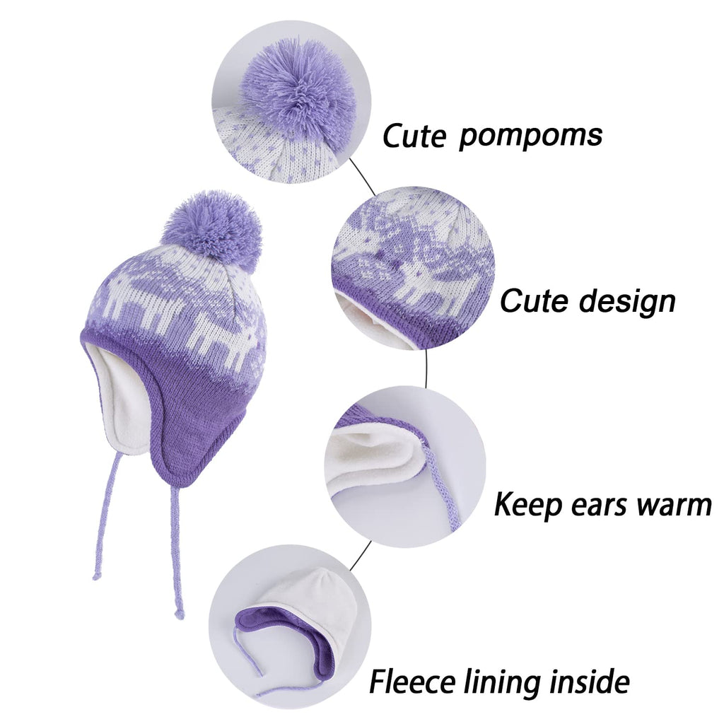 LANGZHEN Deer Hat for Girls Infant Pom Pom Beanie Kid Winter Hats Toddler Cap Knit Warm Beanies Caps for Baby Boys Girls(Deer-Purple,M(48-50CM/18.9"-19.69"))