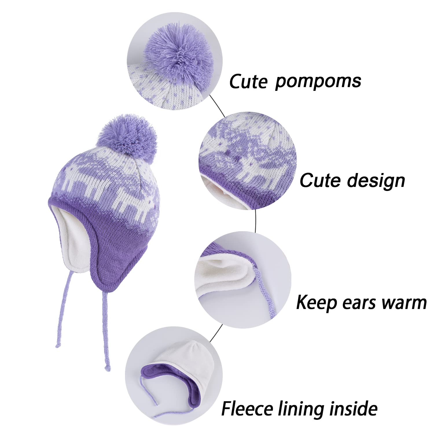 LANGZHEN Deer Hat for Girls Infant Pom Pom Beanie Kid Winter Hats Toddler Cap Knit Warm Beanies Caps for Baby Boys Girls(Deer-Purple,M(48-50CM/18.9"-19.69"))