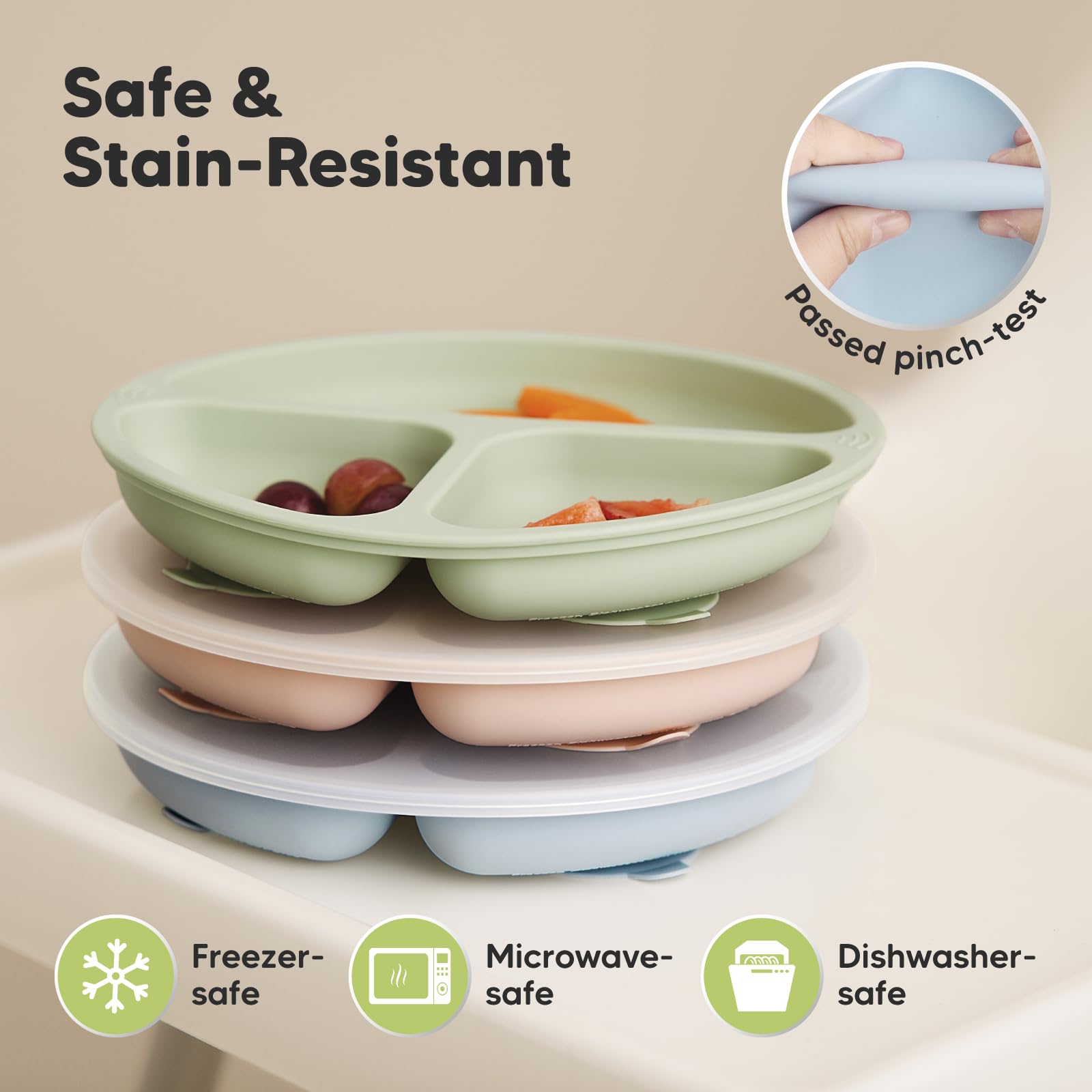 KeaBabies Suction Plates with Lids for Baby, 3-Pack, 100% Silicone (Mellow)