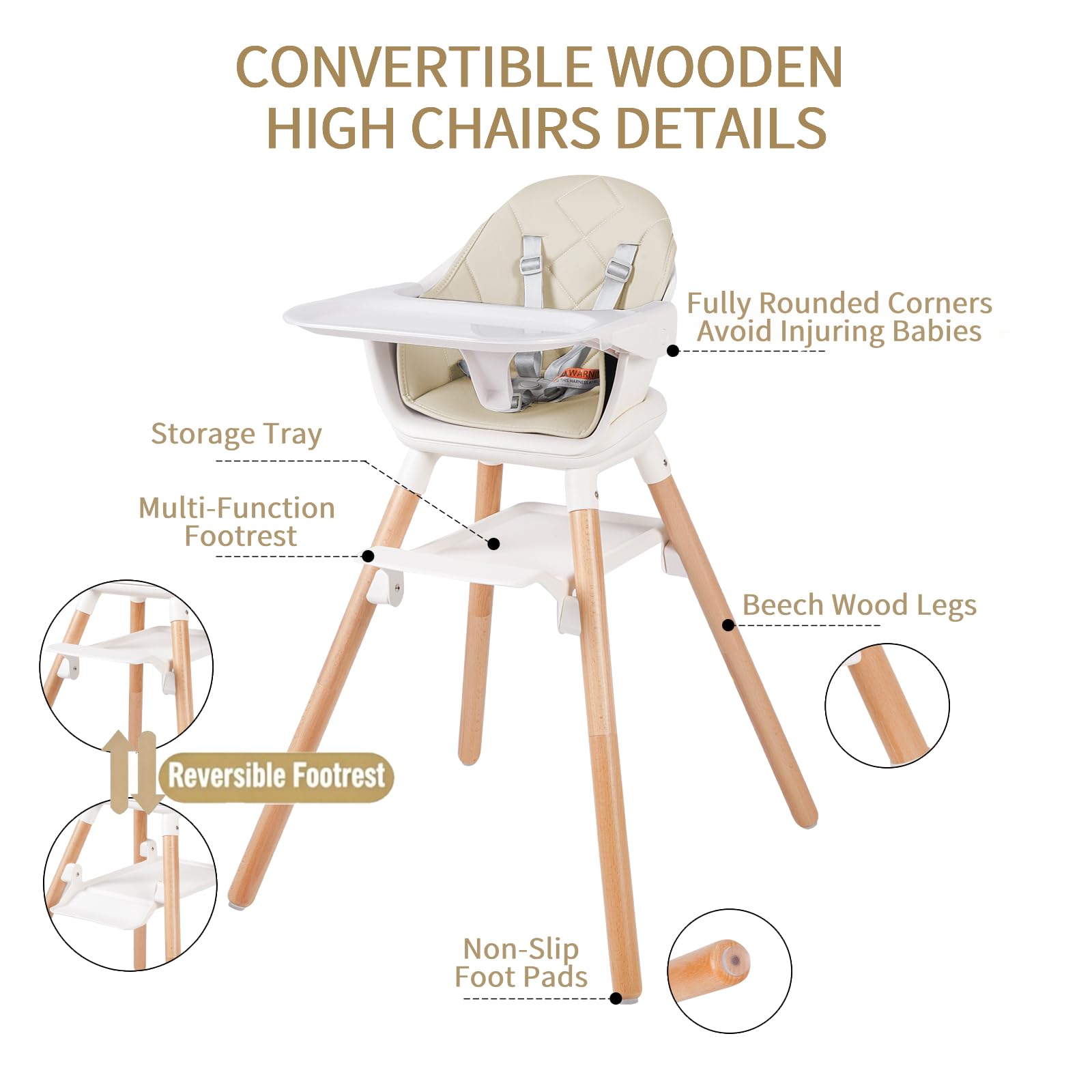 6 in 1 Baby High Chair, Convertible Wooden High Chairs, Beige